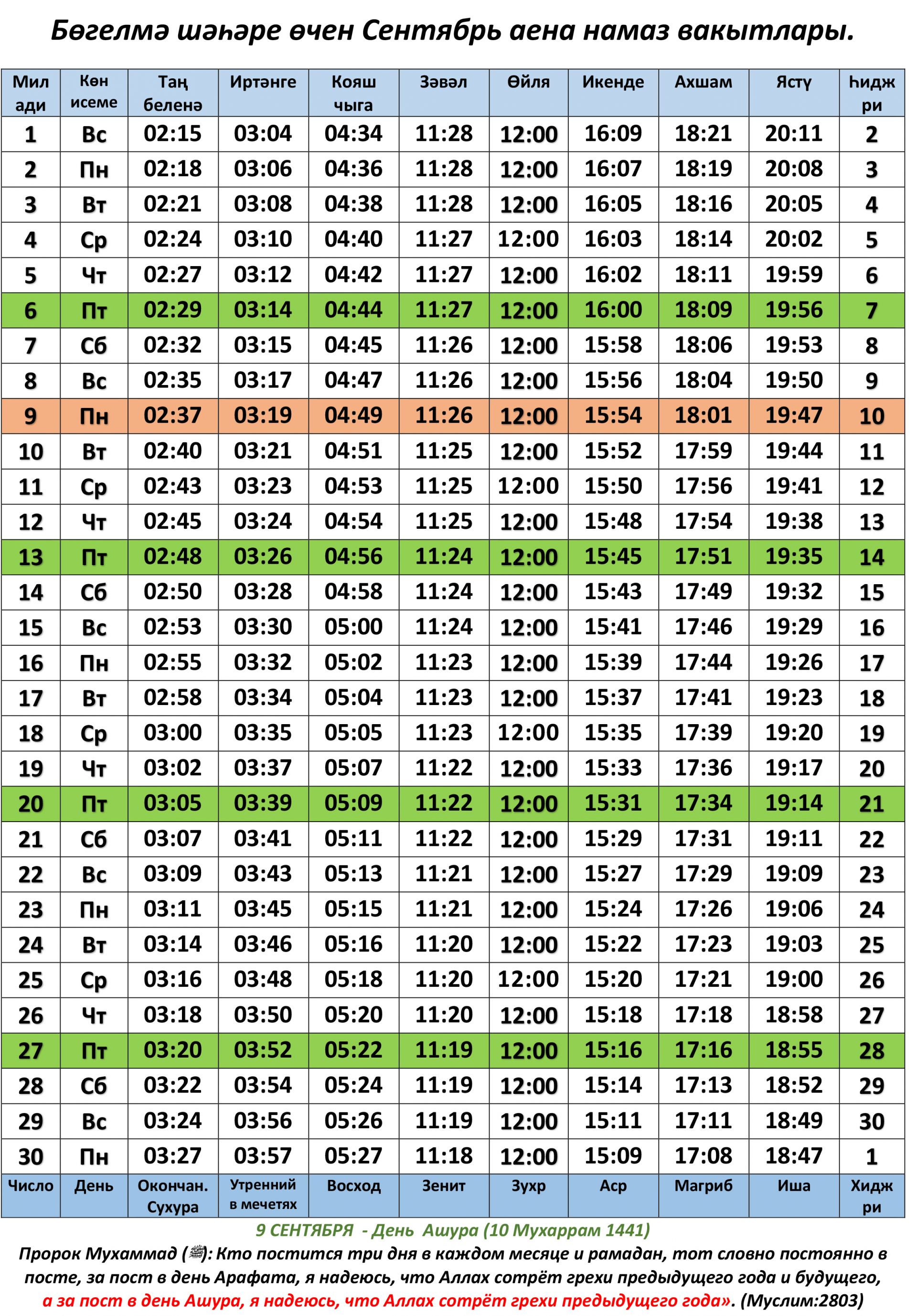 Намаз вакытлары на сентябрь 2021