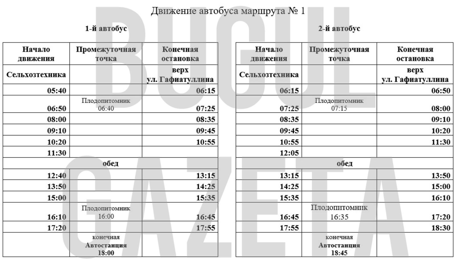 Уточненное расписание автобусов по городу в Бугульме
